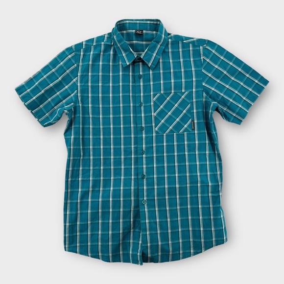 Oakley Shirt Mens Medium Embroidered Logo Blue Button Up Collared Short Sleeve - Picture 1 of 7